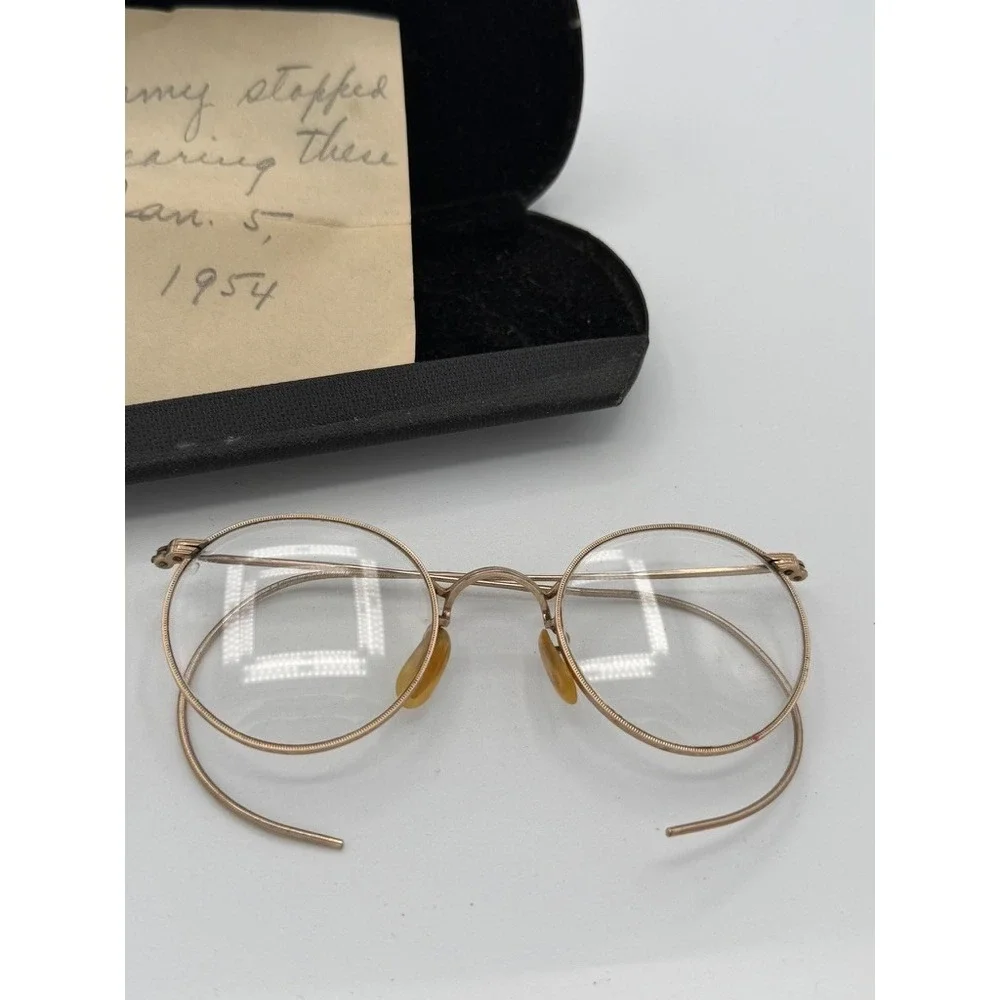 Vintage Round Wire Rim Eyeglasses Gold Tone Frames w/ Case 1950s Style